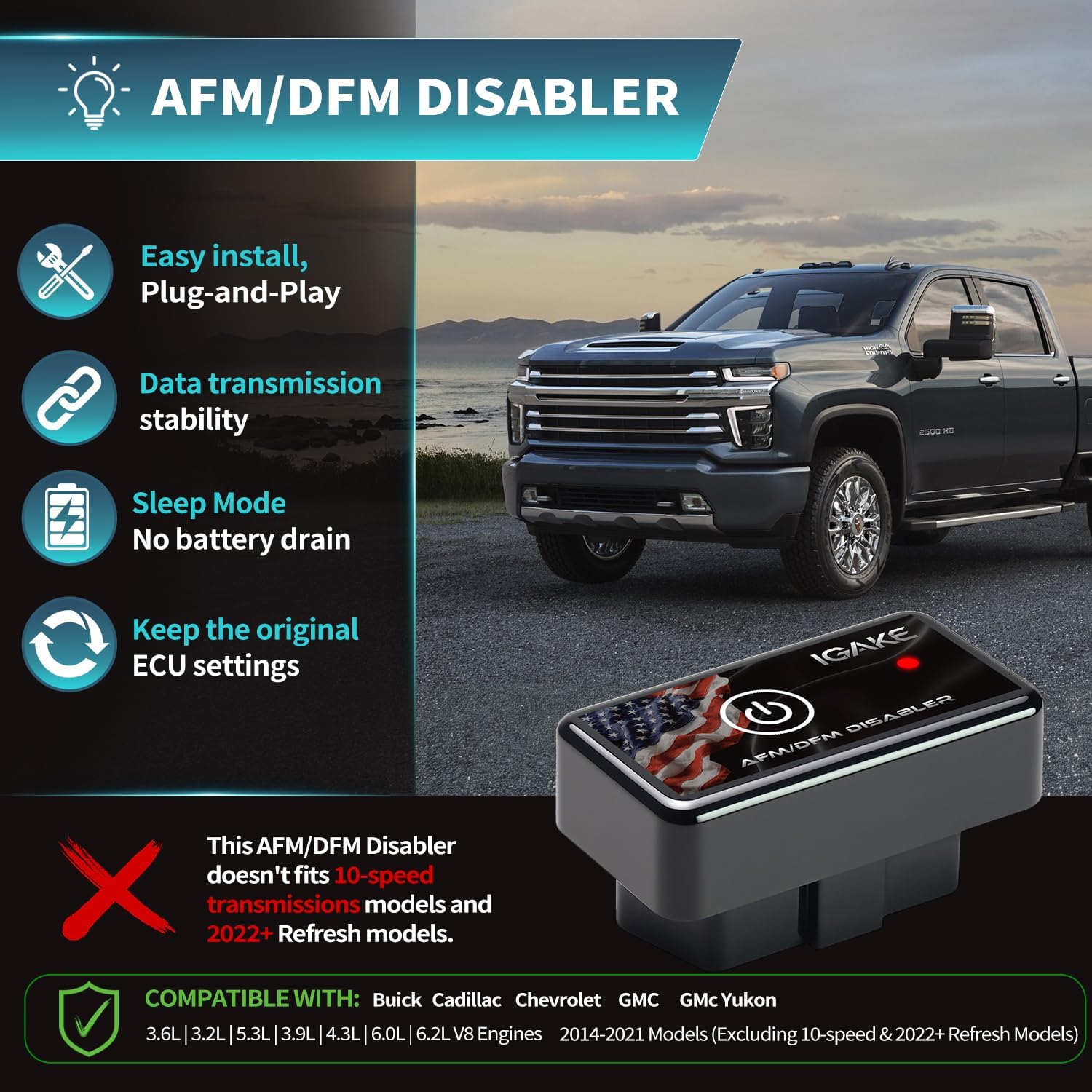 AFM Disabler Active Fuel Management Delete AFM/DFM Disabler 5.3 silverado With ON | OFF Button Compatible with V6 & V8 GM Motors (Chevy GMC Sierra GMC Yukon Cadillac Escalade etc)4.3L 5.3L 6.0L 6.2L